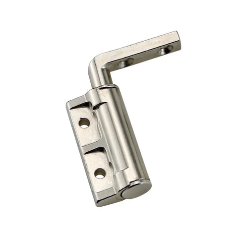 L-shaped cabinet hinge with damping, chrome finish, mounting plate with screw holes, single unit