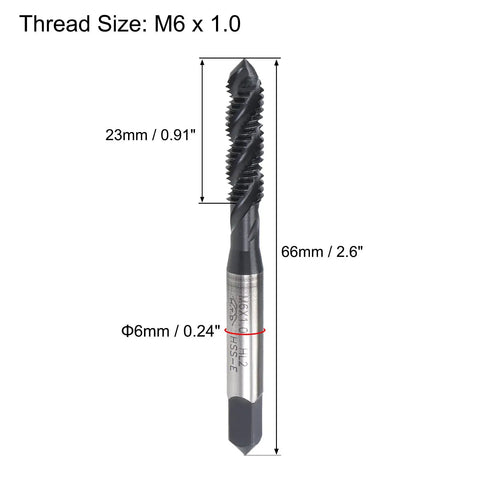 M6 x 1.0 Spiral Flute Thread Tap For Metalworking HSS Nitriding Coated Right Hand Thread with dimensions shown