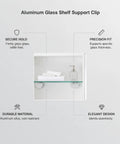 Glass Shelf Clip Clamp For 4 To 20mm Glass Thickness, Aluminum Silver Mount Bracket installed on clear glass shelf in bathroom