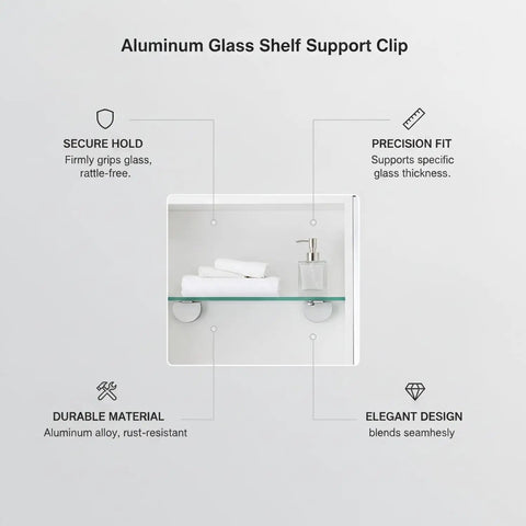 Glass Shelf Clip Clamp For 4 To 20mm Glass Thickness, Aluminum Silver Mount Bracket installed on clear glass shelf in bathroom