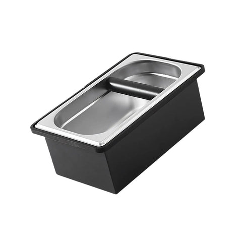 Built Like A Tank Stainless Steel Knock Box With Removable Interior Grounds Bin For Espresso Setups and Home Baristas, view of durable black container.