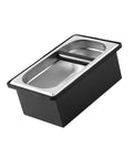 Built Like A Tank Stainless Steel Knock Box With Removable Interior Grounds Bin For Espresso Setups, black and stainless steel design.