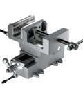 Hardened Steel Two Way Cross Slide Vise With Precise Laser Readout And Chunky Powder Coated Cast Iron For Drill Press Bench Mods And Cnc Milling Top Shelf Six Inch Jaw Rig, gray finish, top view.