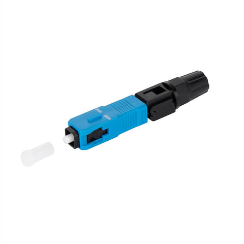 Side view of SC UPC fiber optic fast connector with blue housing and black rear, white protective cap