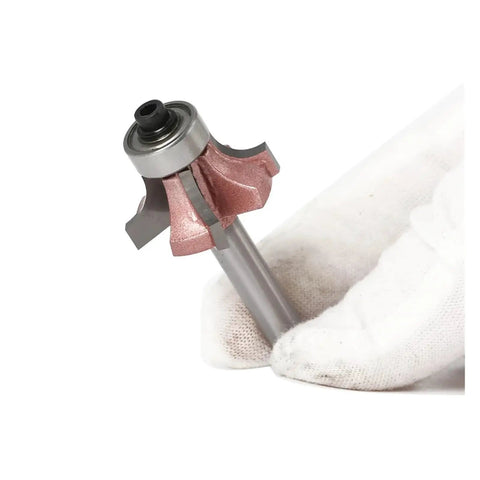 Heavy Duty 6Mm Shank Router Bits Featuring 4 Flute Ultra Sharp Design for edge trimming shown in gloved hand.