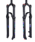 Two black Air Front Mountain Bike Forks With 100mm Travel Rebound Adjustment Manual And Remote Lockout 26 27.5 29 Inches Straight Steerer