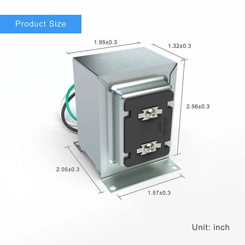 3D rendering of 16V 30VA Hardwired Doorbell Transformer with dimensions in inches, for multiple door chimes and video doorbells.