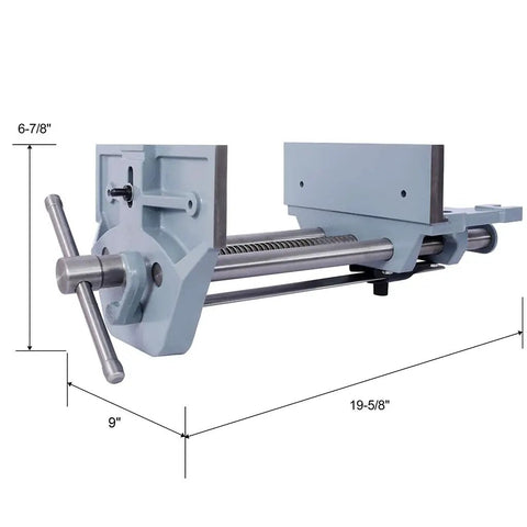 Beefy 9 Inch Woodworking Vise Heavy Duty Cast Iron Bench Vise With Quick Release Lever shown with dimensions