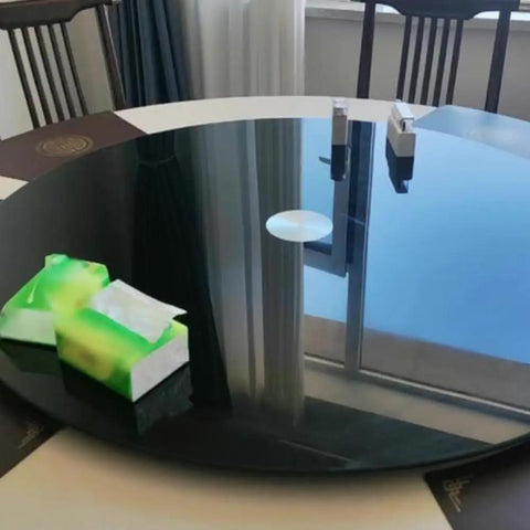 Rotating Glass Lazy Susan Turntable For Dining Table, Black Round Serving Tray, 60 to 100 cm, on dining table with chairs