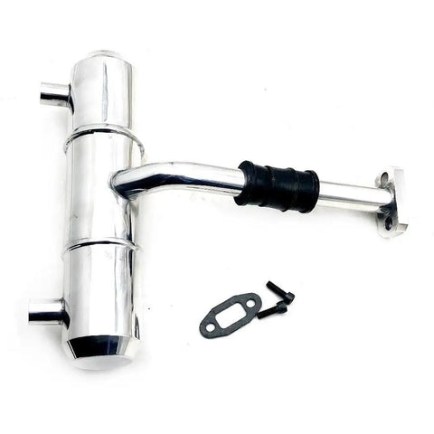 Beefed Up Aluminum Twin Tuning Exhaust Pipe Kit For 1/5 Scale RC Cars Fits HPI Rovan King KM Baja 5B 5T 5SC SS Buggy Truck Includes Exhaust Pipe Gasket And Connecting Tube Boosts Power And Style showing polished exhaust with gasket