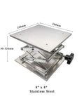 Lab jack scissor stand, 8x8 in stainless steel, angled view, adjustable height 80–326 mm, 50 kg capacity.