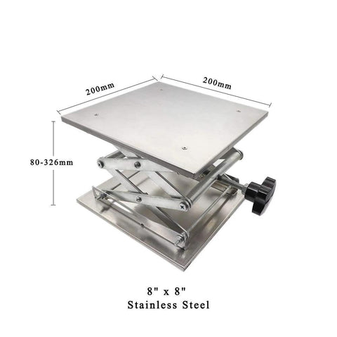 Lab jack scissor stand, 8x8 in stainless steel, angled view, adjustable height 80–326 mm, 50 kg capacity.