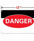 Front view of 12x8 inch metal sign with black top band and red DANGER oval on white background; four corner holes.
