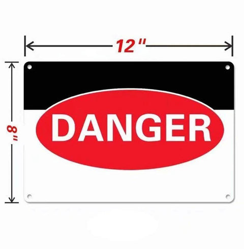 Front view of 12x8 inch metal sign with black top band and red DANGER oval on white background; four corner holes.