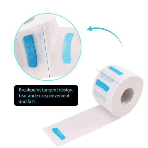 IOOROSE disposable barber neck strips, white paper with blue tear marks on a roll