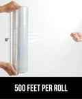 Heavy Duty Stretch Film Shrink Wrap For Moving And Storage, Extra Thick 60 Gauge With 500 Percent Stretch, showing 10" wide roll with 500 feet of film.