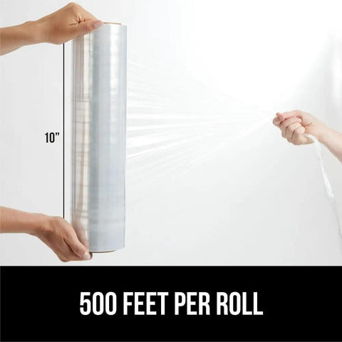 Heavy Duty Stretch Film Shrink Wrap For Moving And Storage, Extra Thick 60 Gauge With 500 Percent Stretch, showing 10" wide roll with 500 feet of film.