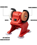 Badass Performance Compact 21V Cordless Bench Grinder with coarse and fine wheels for grinding and finishing tasks.