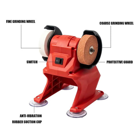 Badass Performance Compact 21V Cordless Bench Grinder with coarse and fine wheels for grinding and finishing tasks.