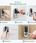 Rock Solid Smart Door Lock With Slick Fingerprint Scanner App Remote Control Built Tough Stainless Steel Latch shown in 5-in-1 installation steps.