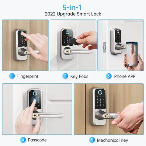 Rock Solid Smart Door Lock With Slick Fingerprint Scanner App Remote Control Built Tough Stainless Steel Latch shown in 5-in-1 installation steps.