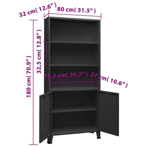 Anthracite Steel Industrial 3 Shelf Bookcase With Two Hinge Doors Heavy Duty Storage Cabinet Organizer dimensions visible