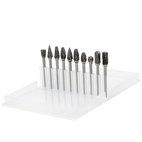 Ten Piece Pro Grade Tungsten Carbide Double Cut Rotary Burr Set with 3 mm Shank and 6 mm Head displayed on stand