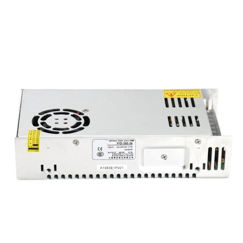 Heavy Duty Switching Power Supply Crushes 350 Watts At 36 Volts With 9 Point 7 Amps, metal casing, rear view, industrial use.