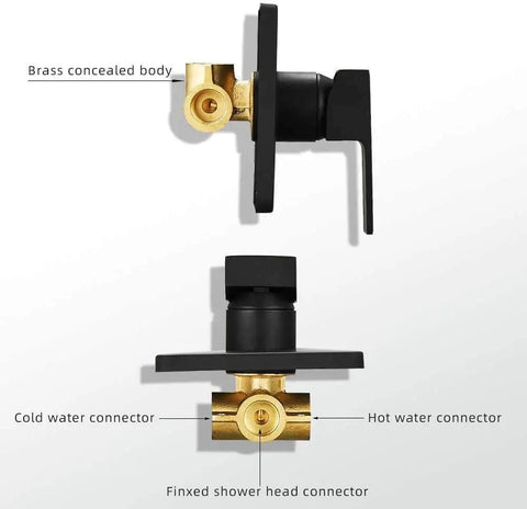 Matte Black Rain Shower System With Stainless Steel Shower Head, Wall Mount Design, Single Function Trim Kit With Rough In Valve, Brass Valve Construction, Easy Install Bathroom Shower Set