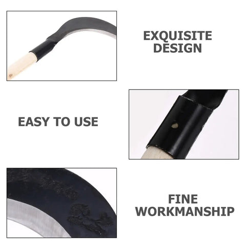 Beefy Long Handle Manganese Steel Hand Scythe showing black half-moon blade design, handle detail, and edges for weeding and lawn care.