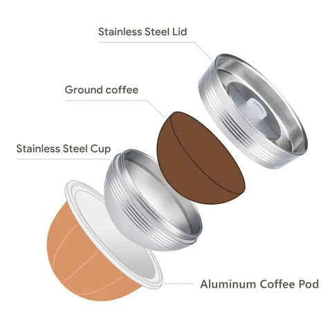 Stainless Steel Reusable Coffee Pods Compatible With Vertuo Next Empty Aluminum Pods In 80ml 150ml And 230ml Sizes 6 Pack Plus 1 Tamper