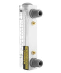 Side view of glass panel liquid flow meter for water 0.2-2 GPM and 1-7 LPM with clear dial and durable design for industrial use