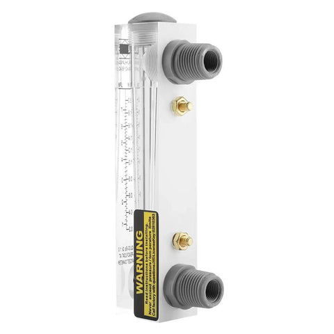 Side view of glass panel liquid flow meter for water 0.2-2 GPM and 1-7 LPM with clear dial and durable design for industrial use