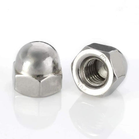 1/4-20 Acorn Cap Nuts 304 Stainless Steel 18-8 Bright Finish 50 Count Built Tough Pro Grade Hardware, side and threaded views