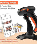 Rugged Industrial Wireless Barcode Scanner 2D QR And 1D Reader, 2.4G Wireless, 2500mAh Battery, Bluetooth Compatible, Drop Resistant For Windows Mac Android iOS Model 8100 Orange on stand with phone showing barcode scan