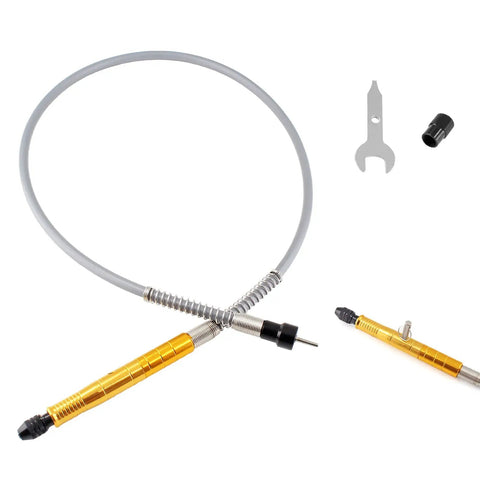 Gold One Eighth Inch Flex Shaft Adapter For Rotary Tools Pro Grade Flexible Shaft Attachment shown with wrench and components