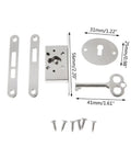 Vintage Style Drawer Lock Set With Keys Five Piece Hardware silver components including lock, key, and screws for cabinets.