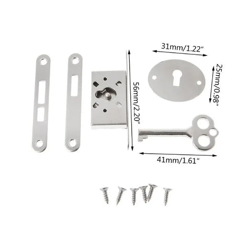 Vintage Style Drawer Lock Set With Keys Five Piece Hardware silver components including lock, key, and screws for cabinets.