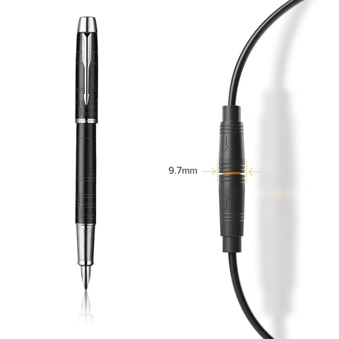 Pen next to IP65 3 Pin M8 Mini Electrical Connector Set With 26AWG Wire, 7.8 Inch Extension Cables, size comparison.