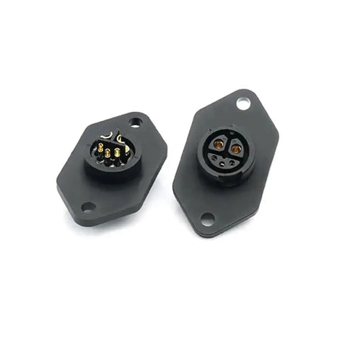 Top Notch 30 Amp M19 2 Plus 3 E Bike Power Connector And Male Female Charging Adapter For Lithium Battery Electric Vehicle Plug Socket With Sweet Reliable Heavy Duty Build, showing two black connectors.