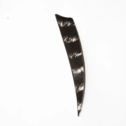 Single black and white turkey feather vane from 50 Pack Pro Grade Turkey Feather Fletching Right Wing Vanes For Arrows 4 Inch And 5 Inch Die Cut Bases Nine Color Stripe For Wooden Bamboo And Carbon Arrows Ideal For Traditional Archery on white background.