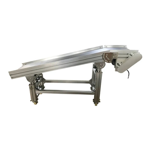 Side view of Electric Plane Ramp Conveyor Machine With PVC Belt 59 Inch Long And 11.8 Inch Wide Height Adjustable Portable Aluminum Frame