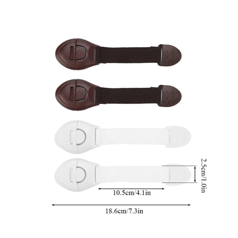Easy Peasy Baby Proofing Locks 4 Pack For Cabinets, Drawers, And Fridge Belt Design Adhesive Safety Locks displayed in white and brown with measurements.