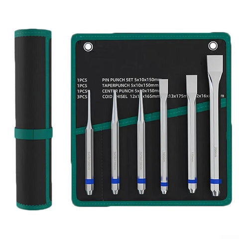 Top-notch 6 Piece Alloy Steel Roll Pin Punch Set With Flat Chisel And Cone Punch Tools Perfect For Watch Repair Machinery Maintenance and Industrial Workshop Jobs Featuring Multiple Sizes For Total Toughness. 6-piece alloy steel punch set in roll-up case