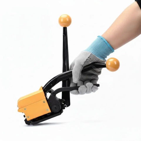 Heavy Duty Sealless Steel Strapping Tool Manual 3In1 Tensioner Crimper Cutter in use with rubber grips for secure handling.