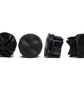 Four black ABS connectors from 32 Piece Cube Connector Kit For Plastic Wire Cube Organizer System, shown from different angles.