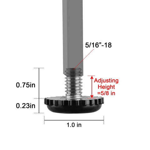 Heavy Duty 5/16-18 Threaded Furniture Leveling Feet detail with measurements and adjustable height