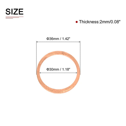 Premium Copper Sealing Washers 30Mm Inner 36Mm Outer 2Mm Thick 4Pack Flat Ring Gaskets dimensions with size details.