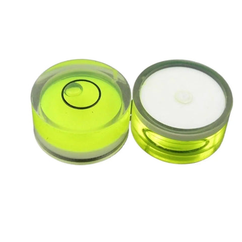 Bubble Level Bullseye Spirit Level Vial 18 * 9mm Circular Horizontal, green, showing liquid level in clear casing.