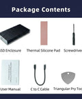 Package contents include Kickass External NVMe SSD Enclosure Supporting Thunderbolt 4 And USB4, thermal pad, screwdriver, and cables.